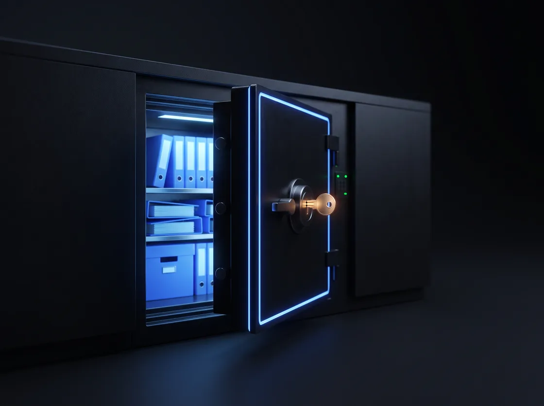 An open vault holding the system's files, with the key in the lock